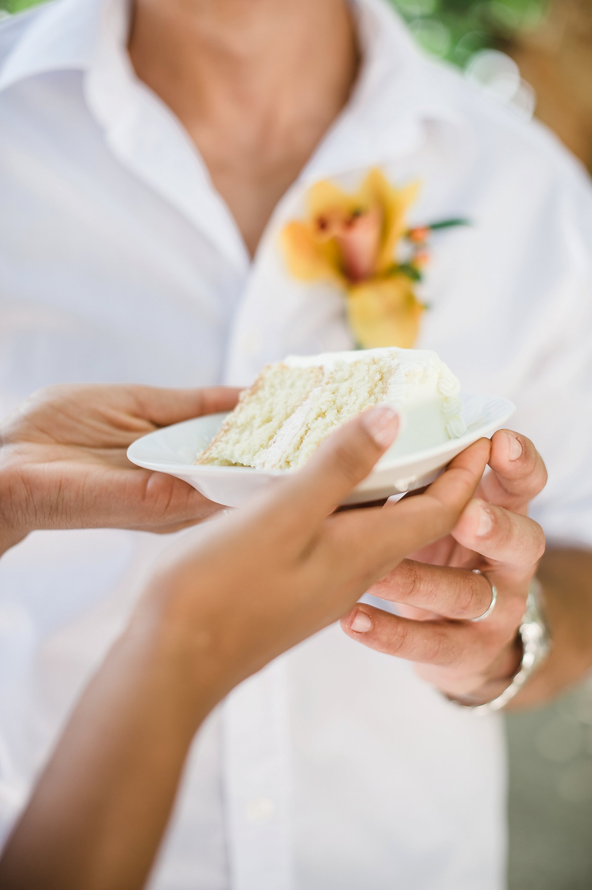 A slice of wedding cake from destination wedding in St. Thomas