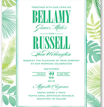 Monstera leaves and palm fronds pastel watercolor destination wedding invitation.