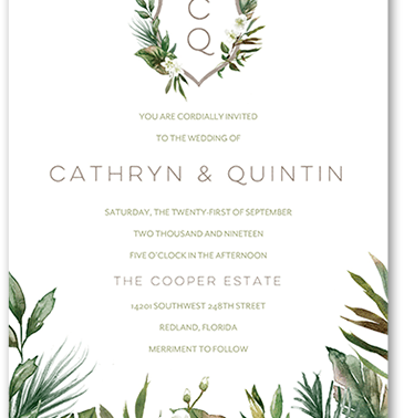 Tropical destination wedding invitation with painted watercolor leaves, foliage and flowers.
